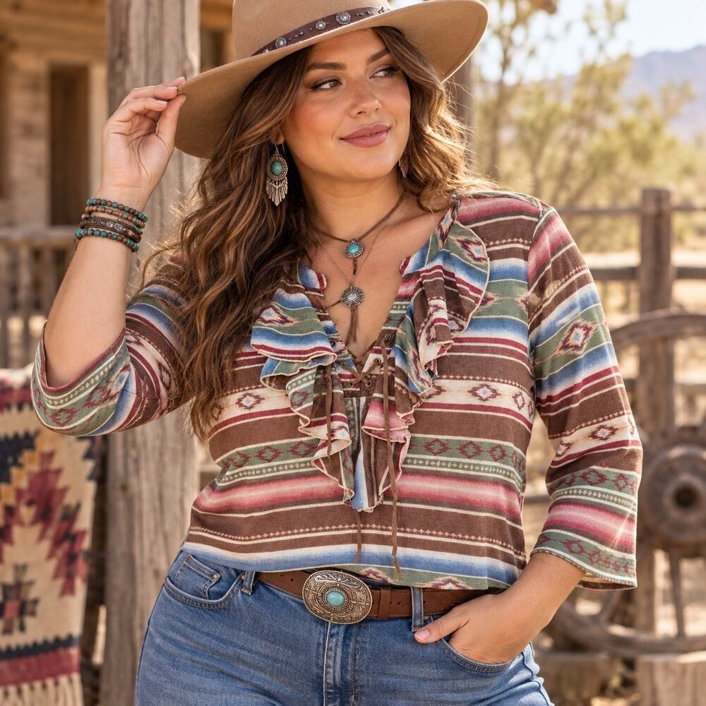 Chaps Denim Southwestern Womens Top Sz L Ruffle Lace Up Aztec Boho Y2K Western